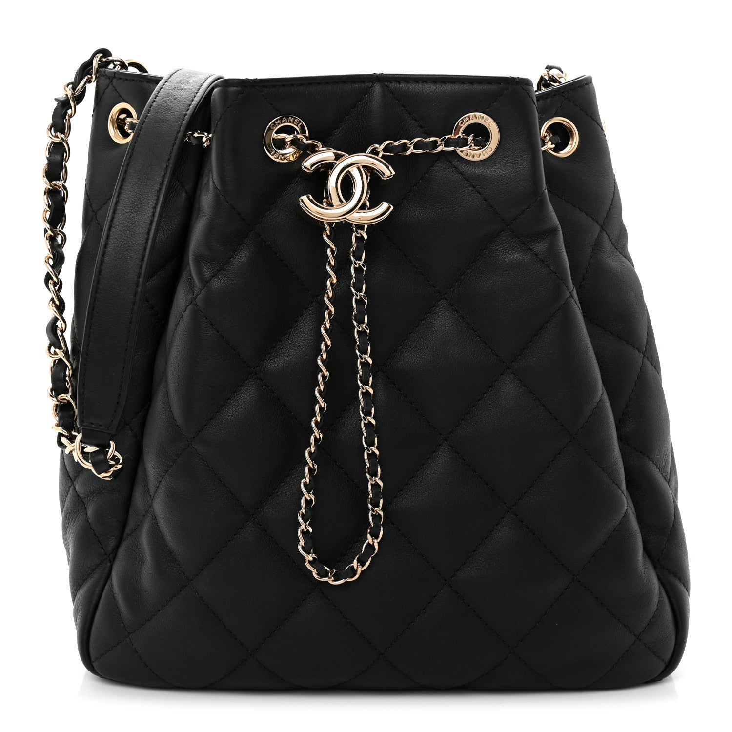 Chanel Goatskin Quilted Chain Drawstring Bag Black 1 of 10
