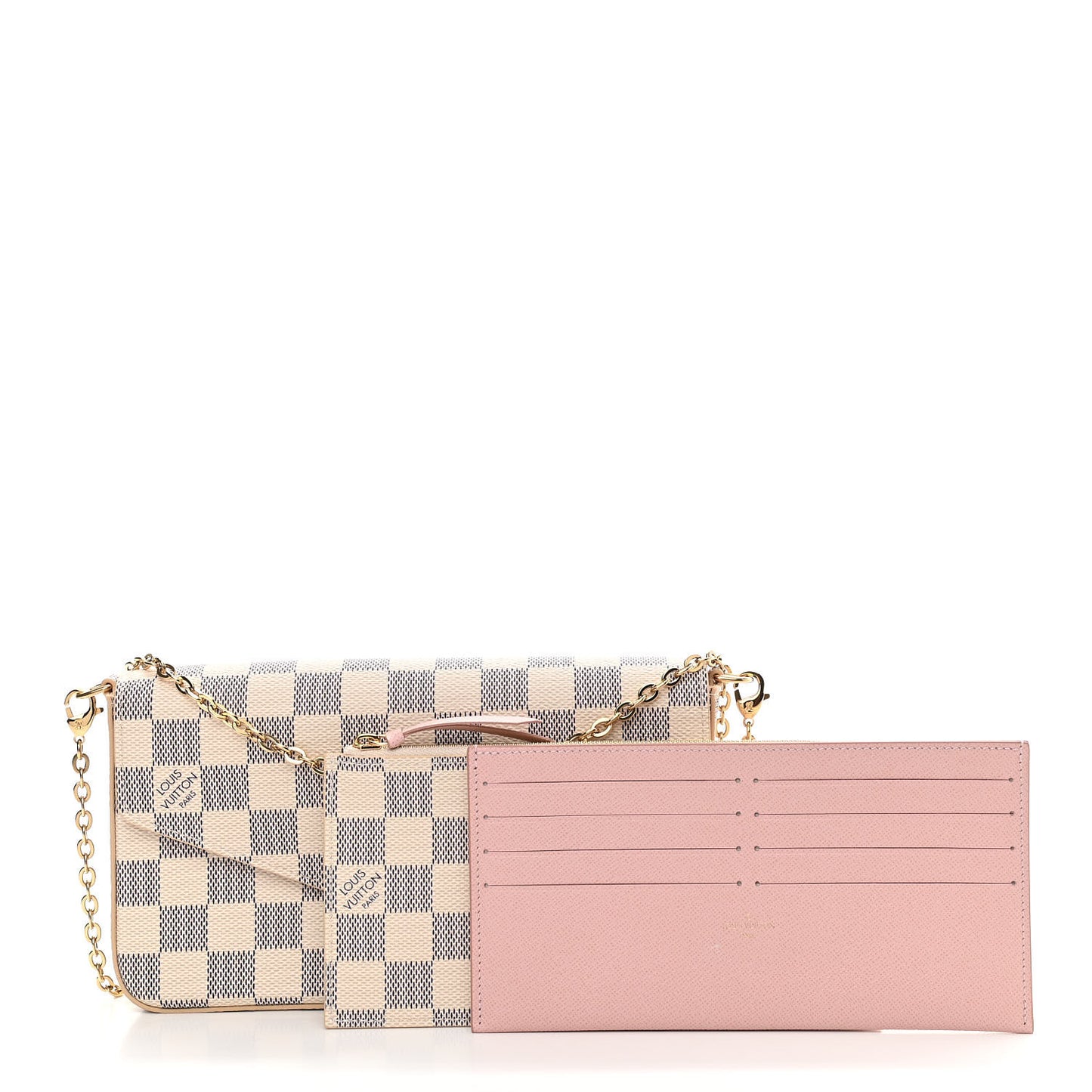 Damier Azur Pochette Felicie Chain Wallet Rose Ballerine