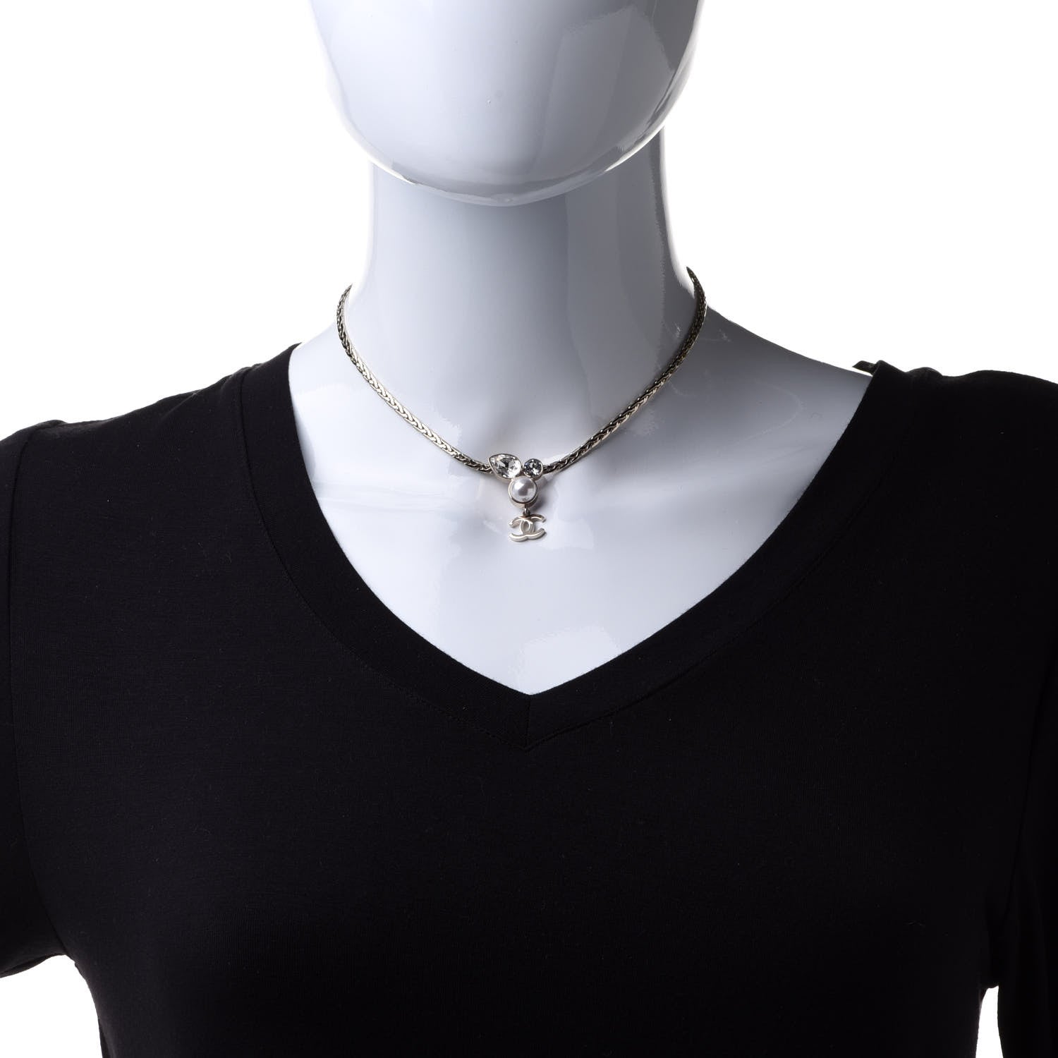 Chanel Pearl Crystal CC Teardrop Braided Necklace Gold 2 of 6