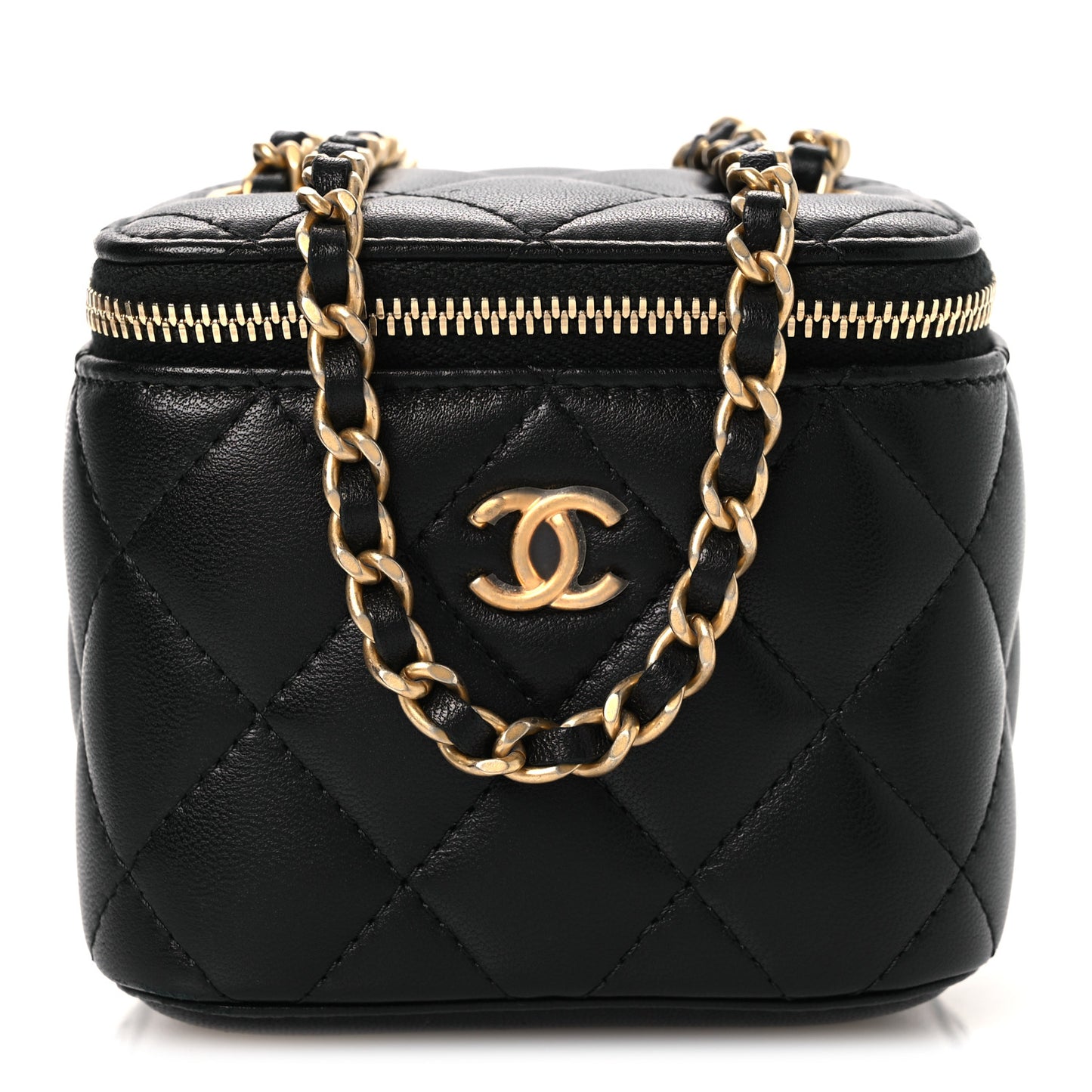 Lambskin Quilted Mini Pearl Crush Vanity Case With Chain Black