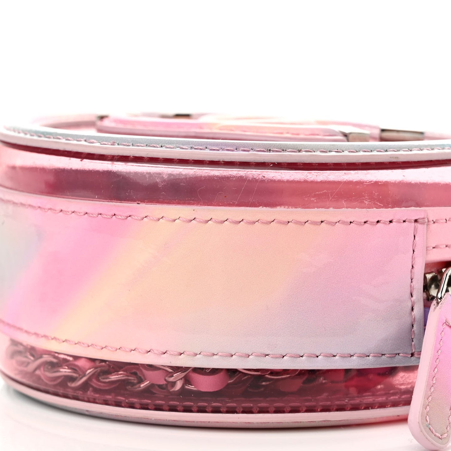 PVC Lambskin Filigree Round Clutch With Chain Pink