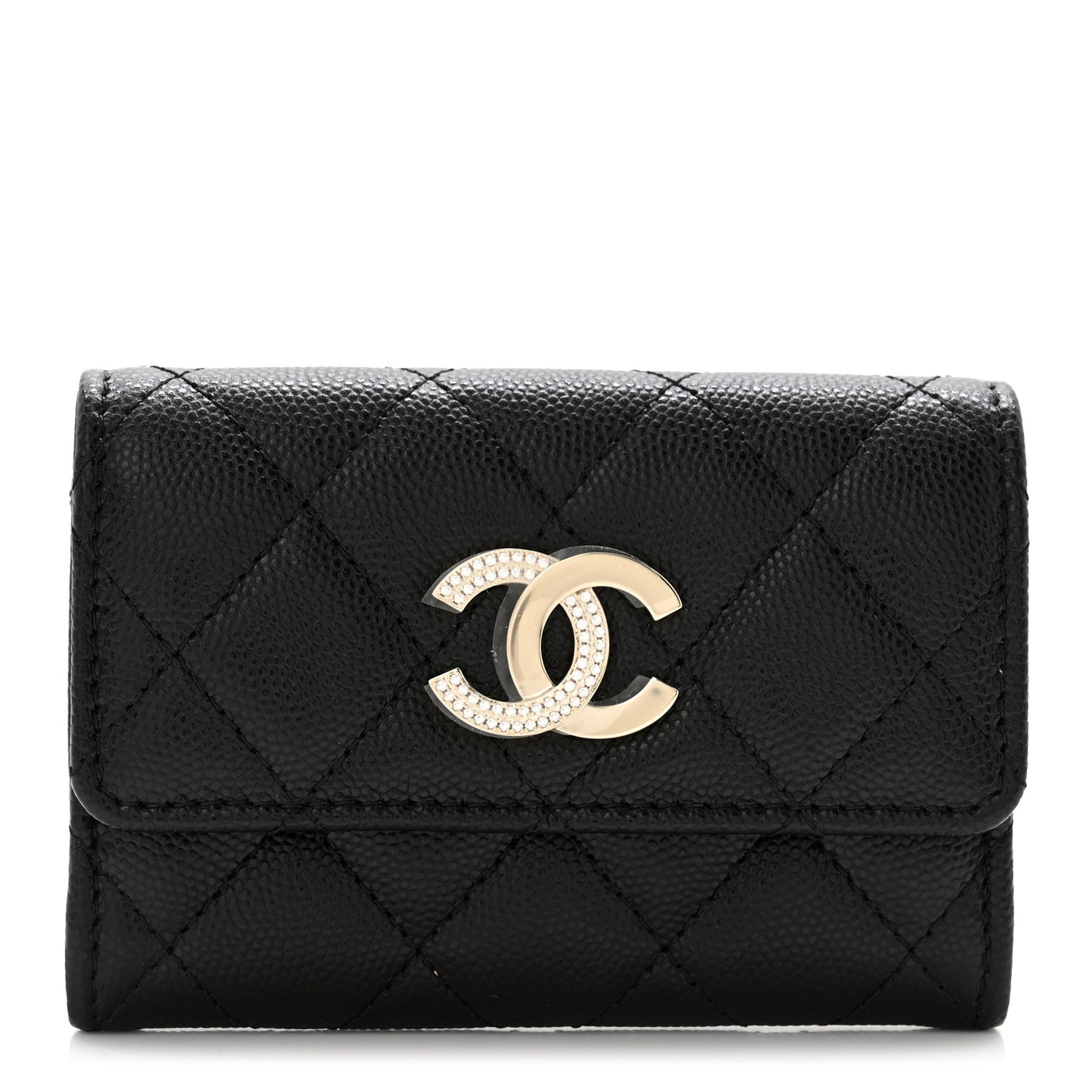 Caviar Quilted Crystal CC Flap Card Holder Black