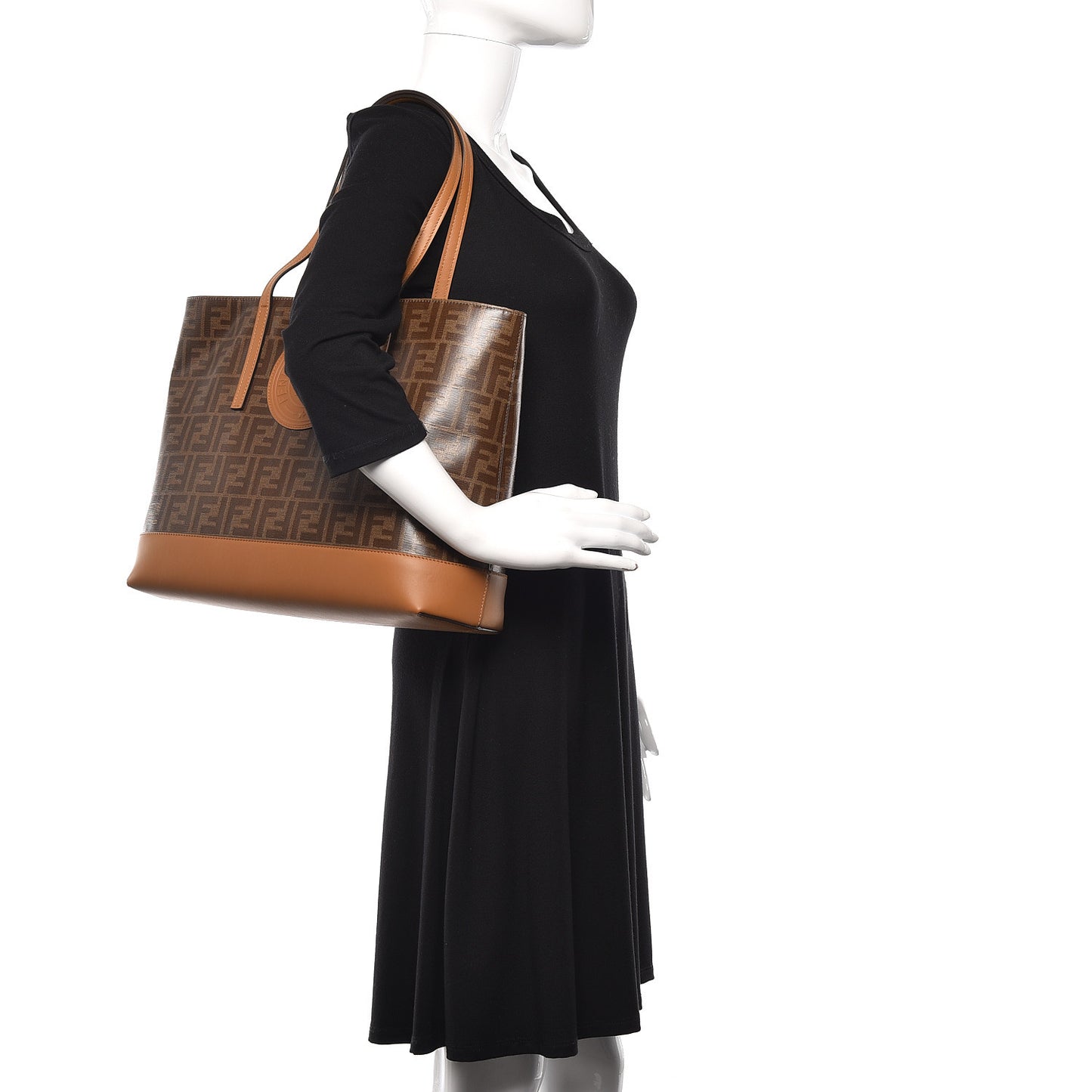 Glazed Fabric Vitello Century FF 1974 Stamp Patch Shopping Tote Mogano Panna Caramello