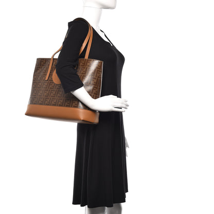 Fendi Glazed Fabric Vitello Century FF 1974 Stamp Patch Shopping Tote Mogano Panna Caramello 1 of 10