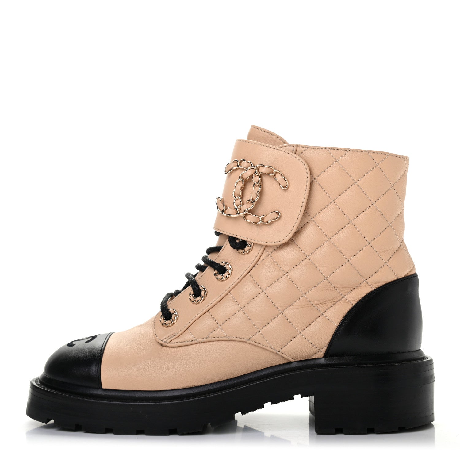 Chanel Lambskin Calfskin Quilted Lace Up Combat Boots 37.5 Beige Black 1 of 8