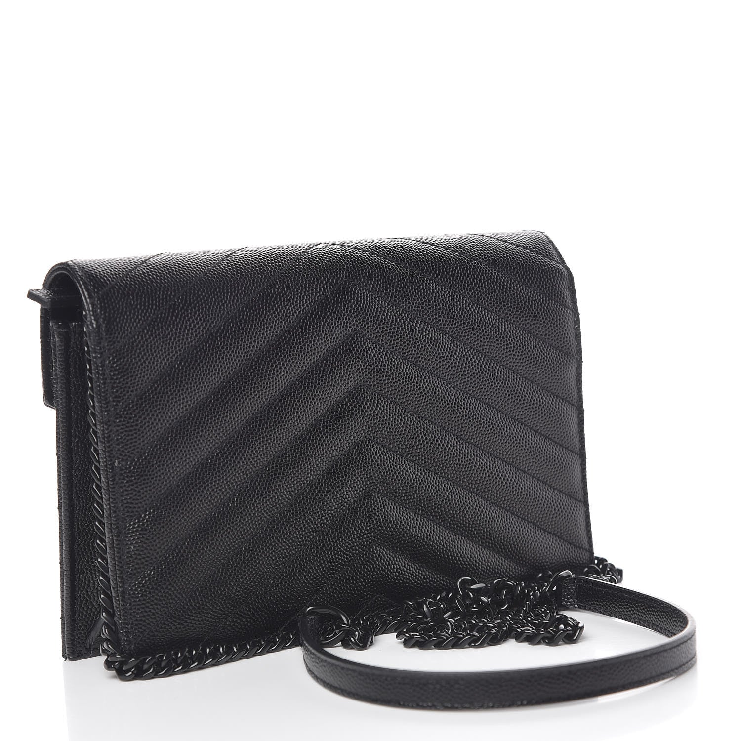 Saint Laurent Grain De Poudre Matelasse Chevron Monogram Envelope Chain Wallet Black 3 of 14