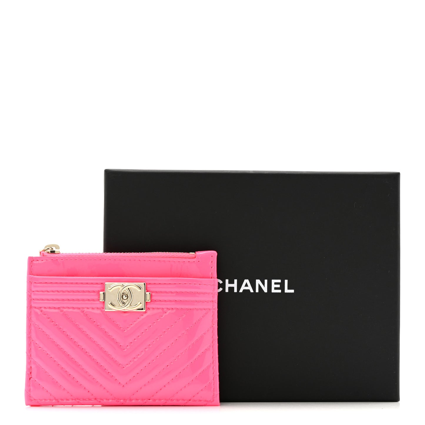 Patent Chevron Quilted Boy Zip Card Holder Neon Pink