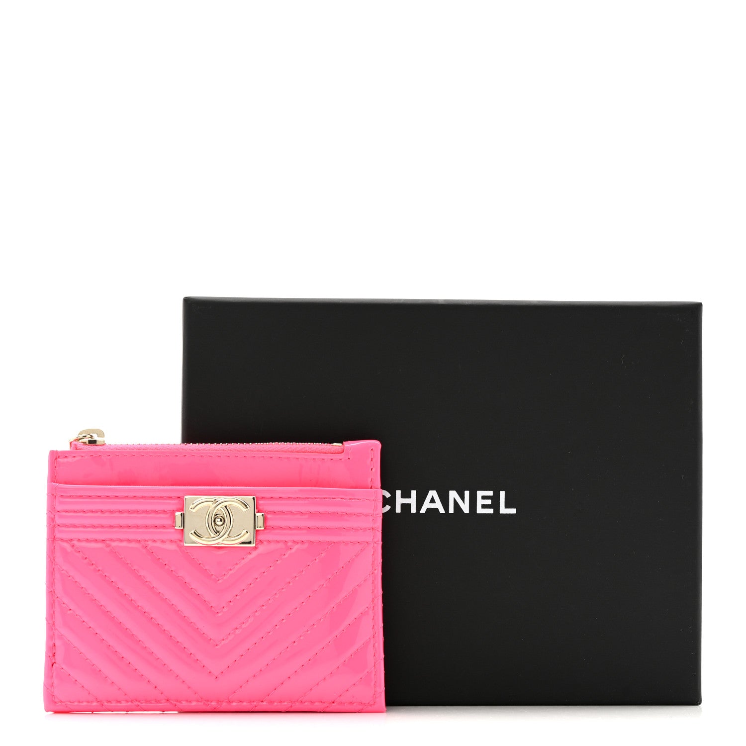 Chanel Patent Chevron Quilted Boy Zip Card Holder Neon Pink 9 of 9
