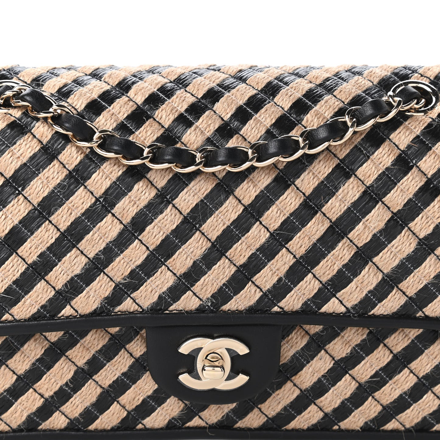 Raffia Jute Striped Medium Single Flap Black Beige