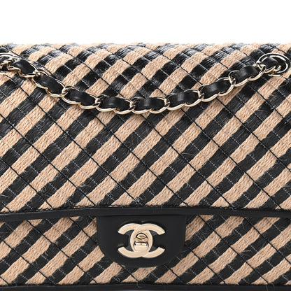 Chanel Raffia Jute Striped Medium Single Flap Black Beige 10 of 10