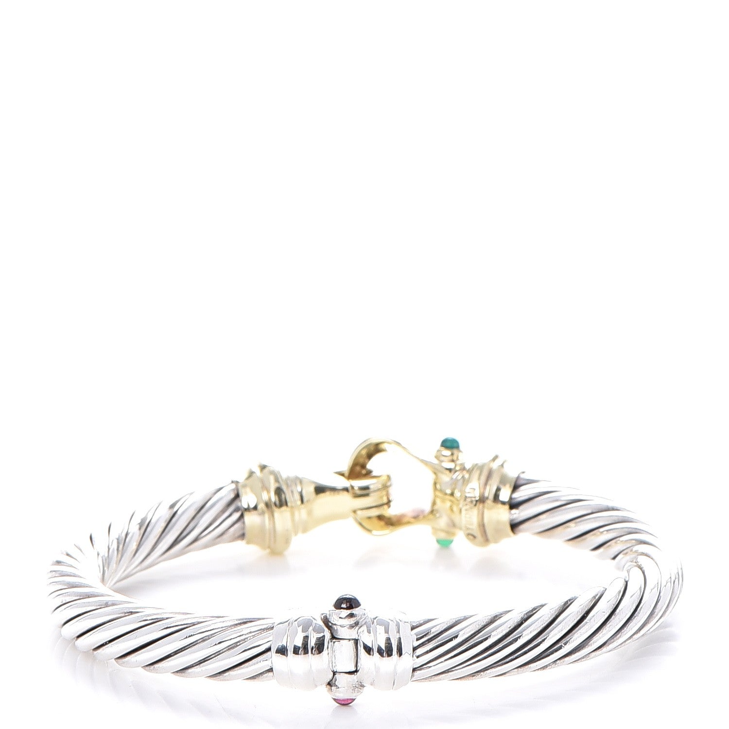David Yurman Sterling Silver 14K Yellow Gold Green Onyx Pink Tourmaline 7mm Cable Buckle Bracelet 3 of 7