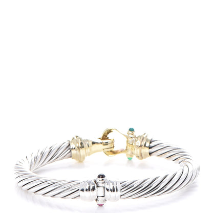 David Yurman Sterling Silver 14K Yellow Gold Green Onyx Pink Tourmaline 7mm Cable Buckle Bracelet 3 of 7