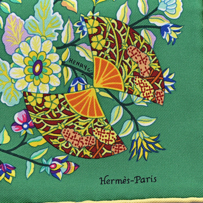 Hermes Silk Fleurs et Papillons de Tissus Pocket Square 45 Vert Violet Jaune 2 of 3