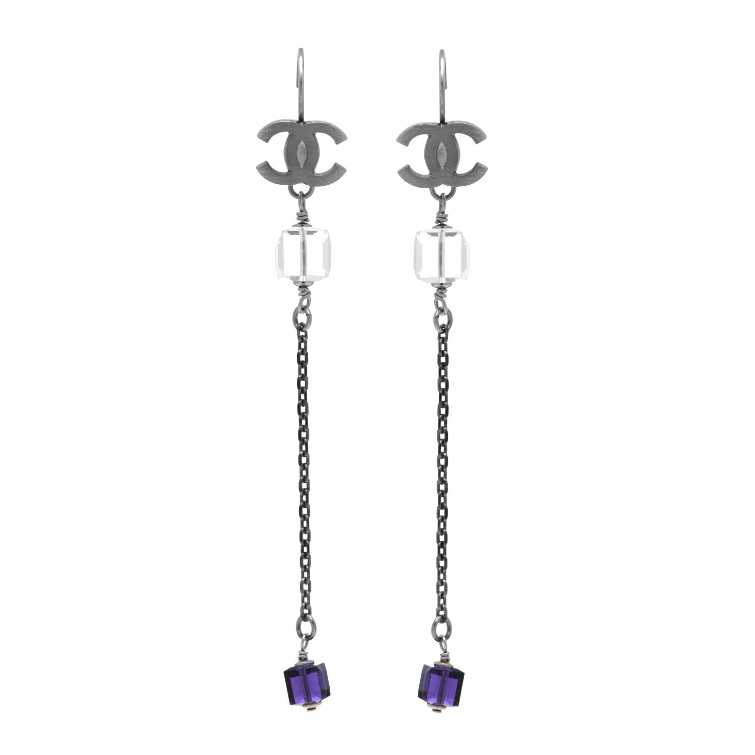 Chanel Crystal CC Dangle Earrings Silver Purple 1 of 4