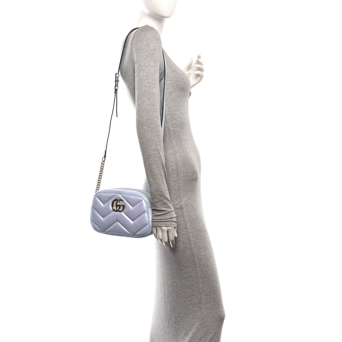 Iridescent Nappa Chevron Matelasse Small GG Marmont Chain Shoulder Bag Iridescent Snow Light Blue