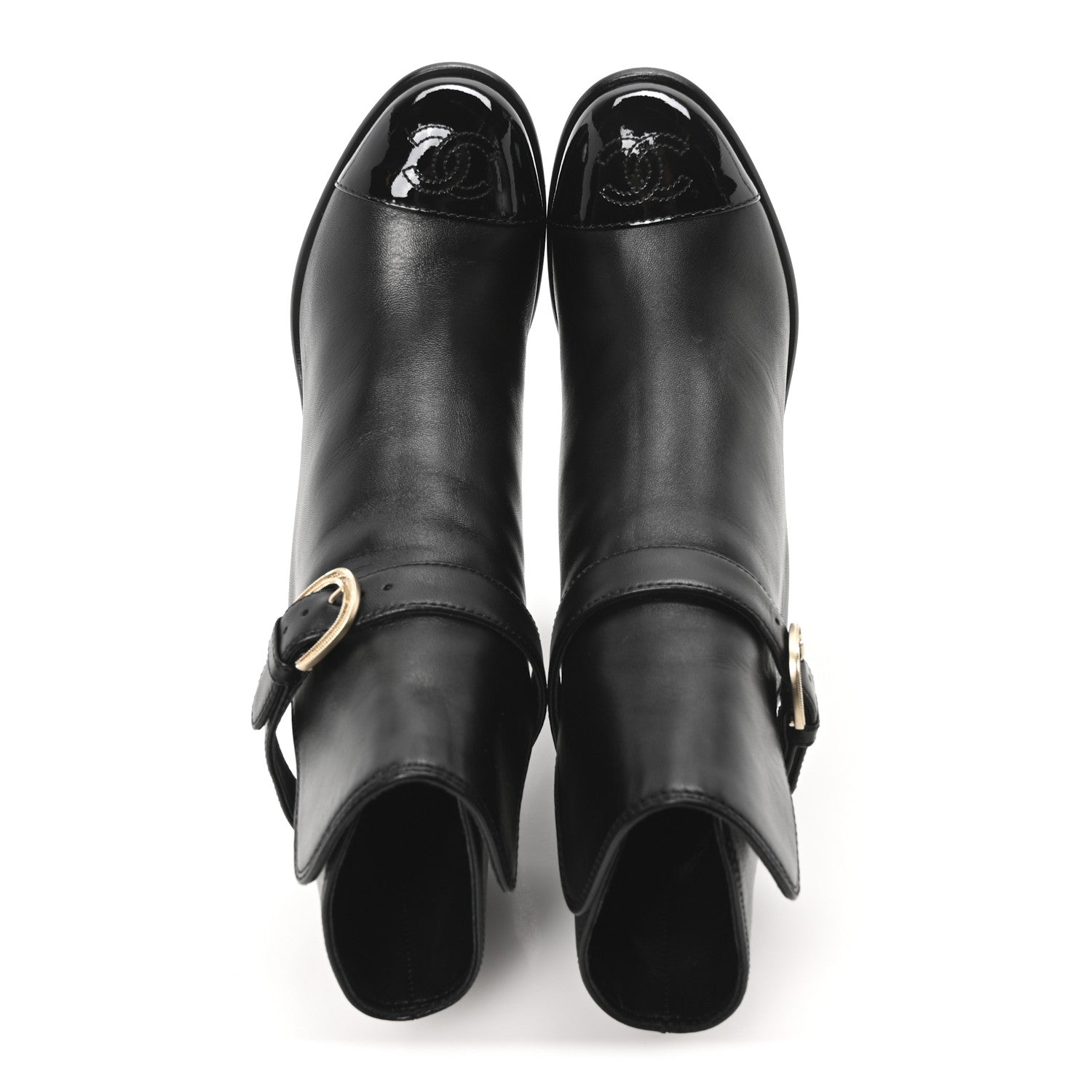 Chanel Calfskin Patent Cap Toe Interlocking CC Ankle Boots 37 Black 2 of 9