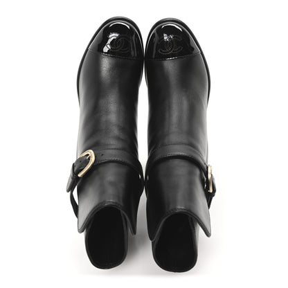 Chanel Calfskin Patent Cap Toe Interlocking CC Ankle Boots 37 Black 2 of 9