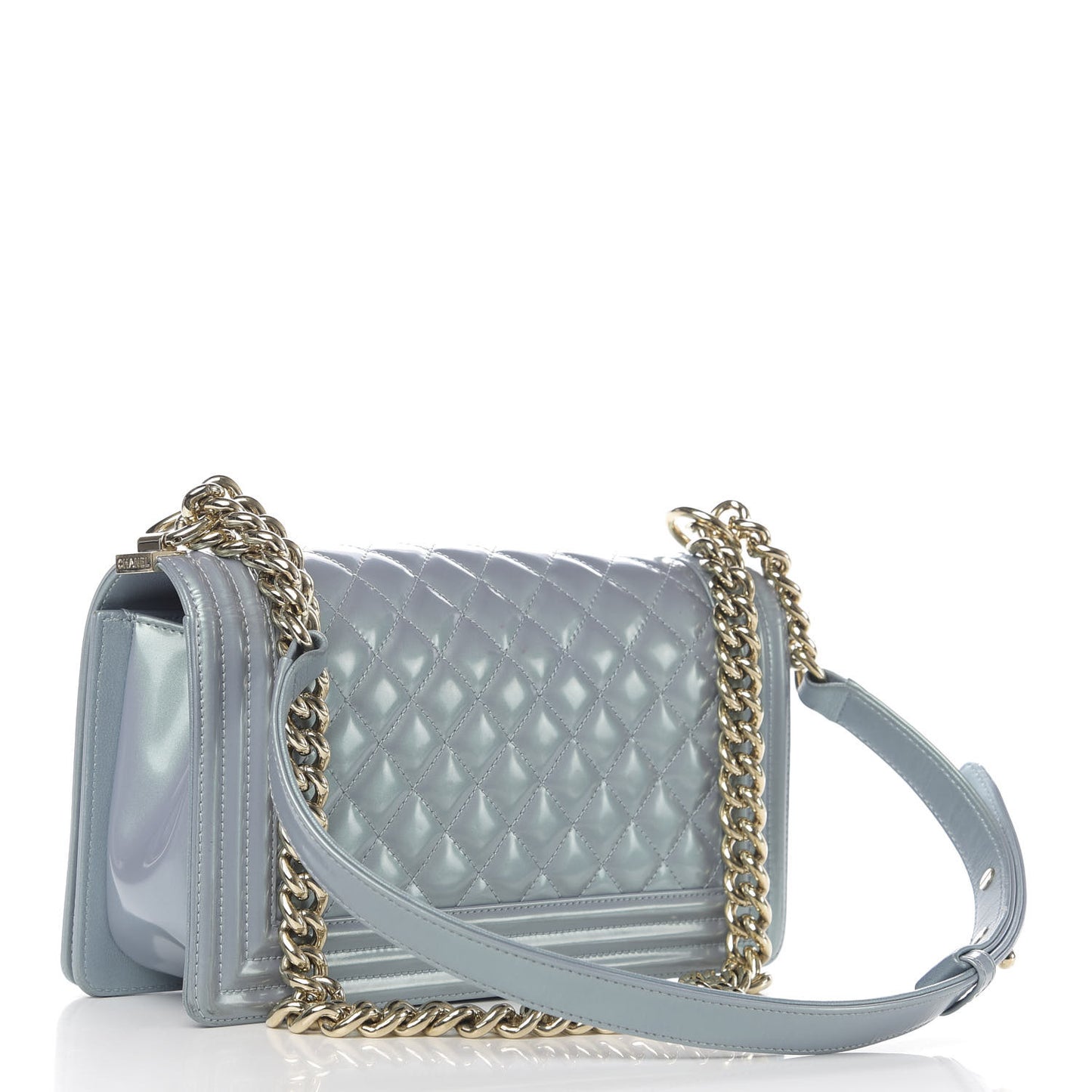Iridescent Patent Calfskin Quilted Medium Boy Flap Light Blue