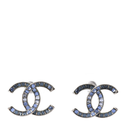 Chanel Baguette Crystal CC Earrings Silver Blue 1 of 5