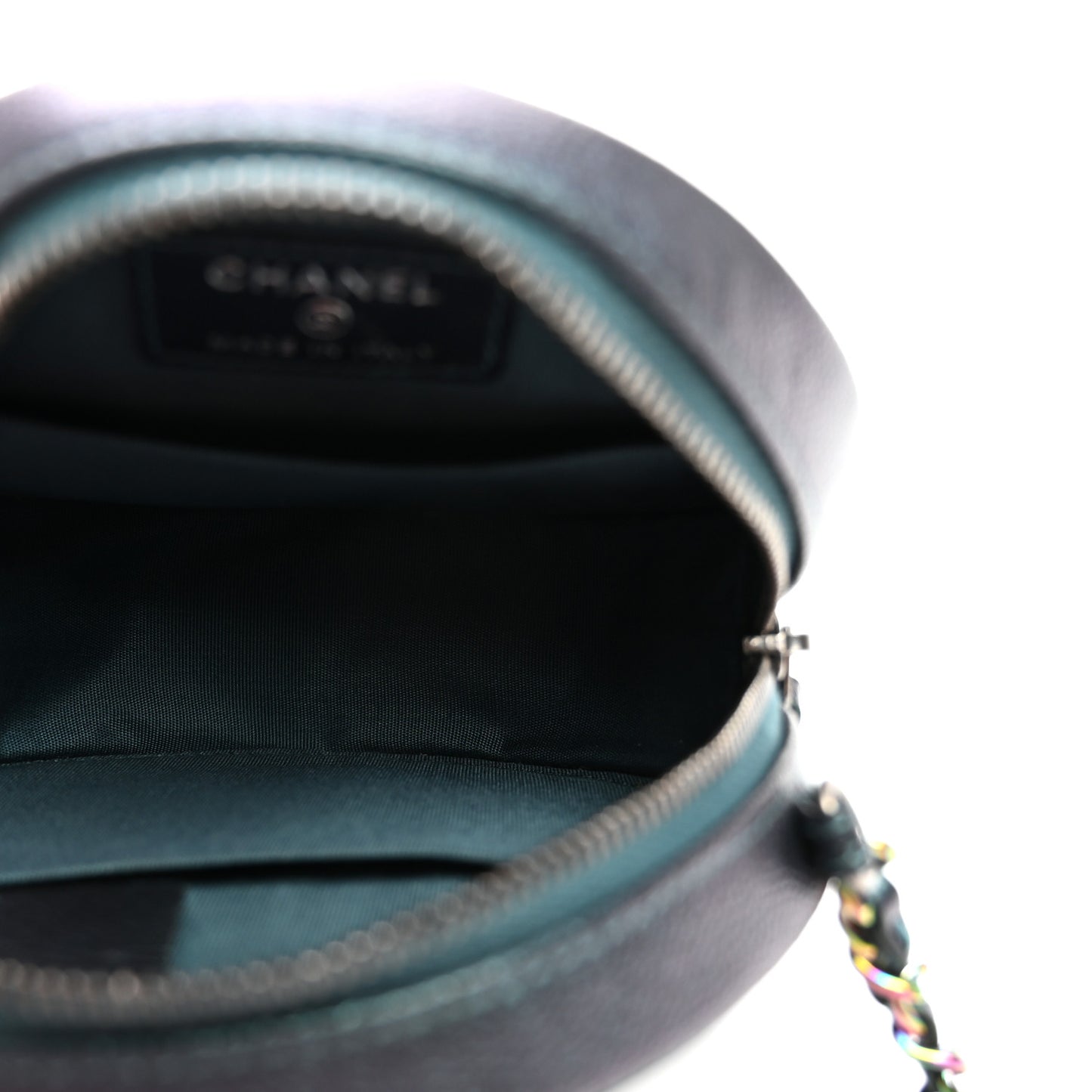 Iridescent Caviar Quilted Round Filigree Crossbody Dark Turquoise