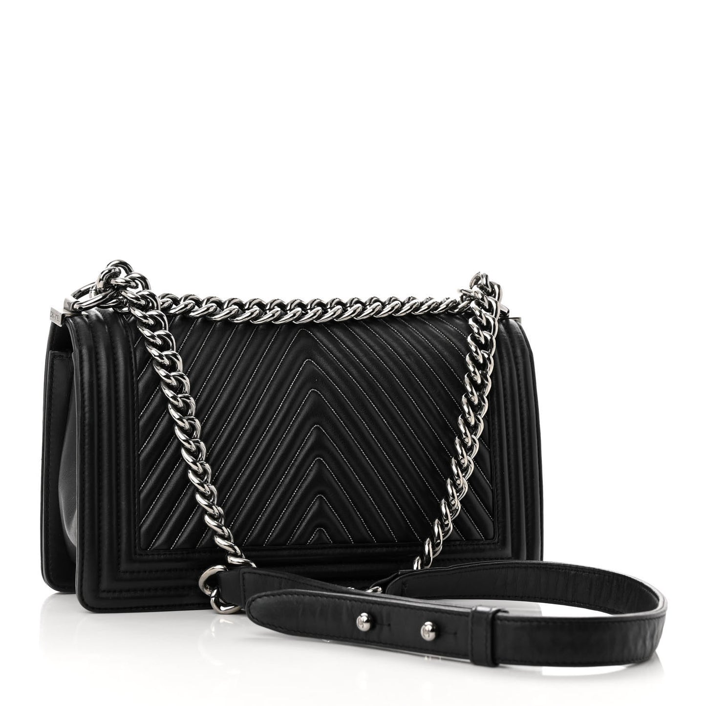 Calfskin Chevron Quilted Medium Chain Boy Flap Black