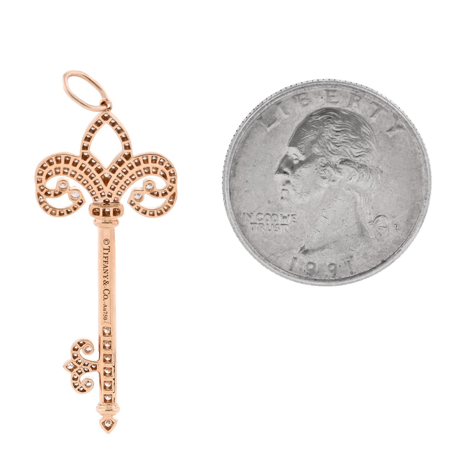 Tiffany 18K Rose Gold Diamond .37ct Fleur De Lis Key Pendant 2 of 3
