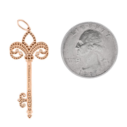Tiffany 18K Rose Gold Diamond .37ct Fleur De Lis Key Pendant 2 of 3