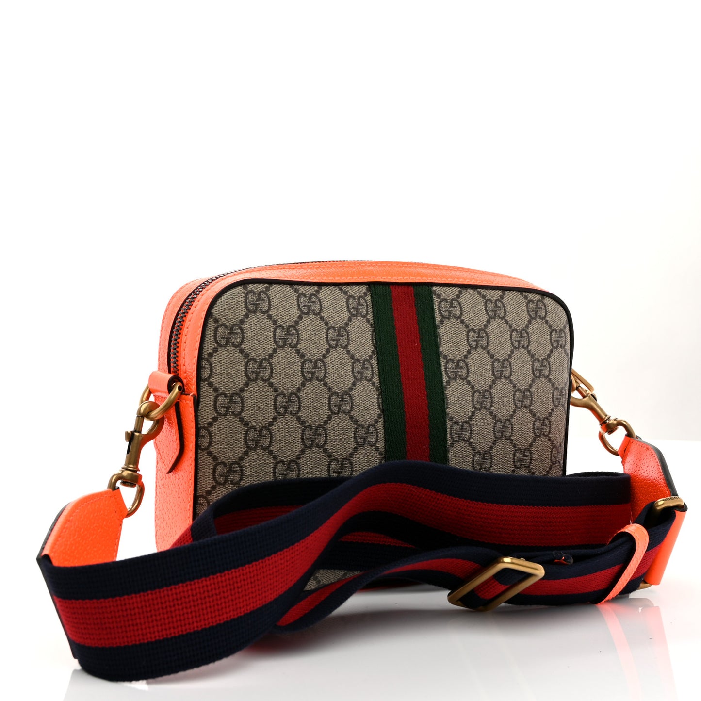 GG Supreme Monogram Textured Dollar Calfskin Web Ophidia Wristlet Shoulder Bag Beige Ebony Orange