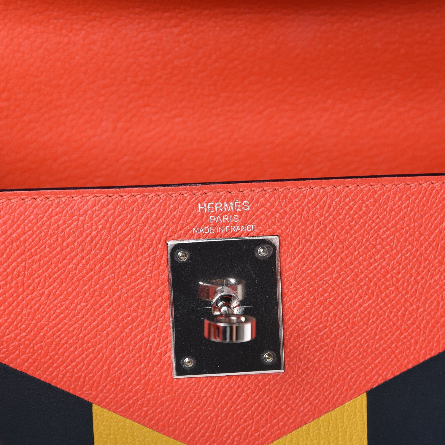 Hermes Epsom Chevre Mysore Sombrero Kellygraphie Lettre M Kelly Sellier 28 Capucine Bleu Obscure Ambre 5 of 9