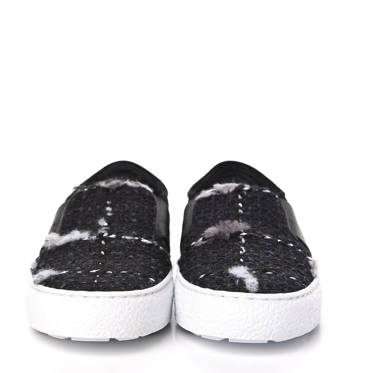Suede Calfskin Tweed Womens Slip On Sneakers 35 Black Navy Silver