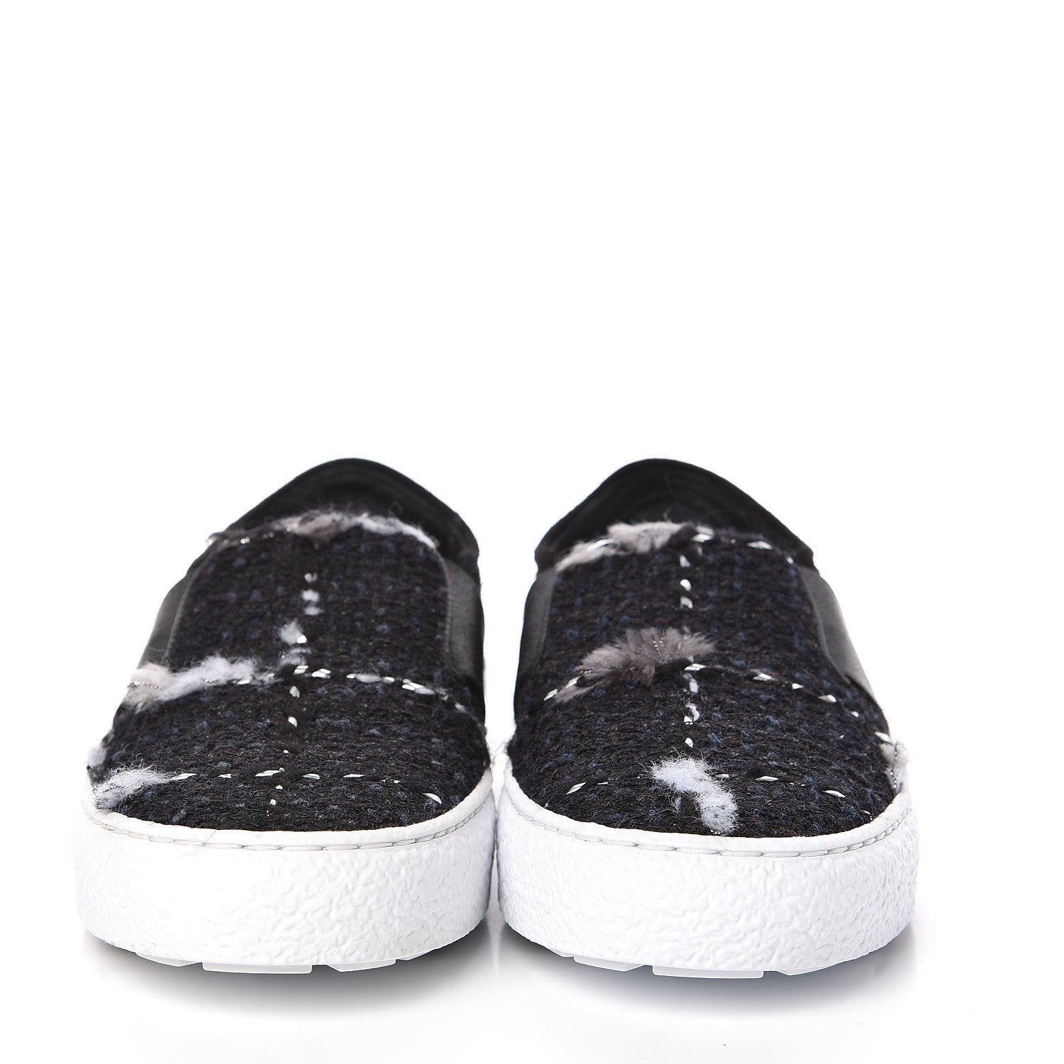 Chanel Suede Calfskin Tweed Womens Slip On Sneakers 35 Black Navy Silver 2 of 10