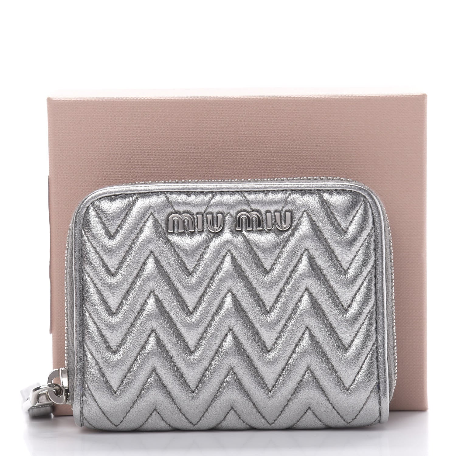 Miu Miu Metallic Nappa Impunture Zip Around Compact Wallet Chromo 9 of 9