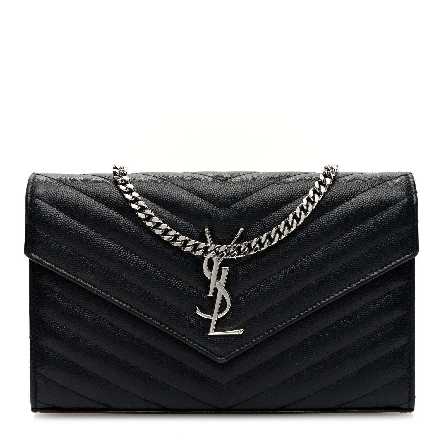 Saint Laurent Grain De Poudre Matelasse Chevron Monogram Chain Wallet Black 1 of 10