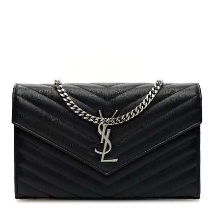 Saint Laurent Grain De Poudre Matelasse Chevron Monogram Chain Wallet Black 1 of 10