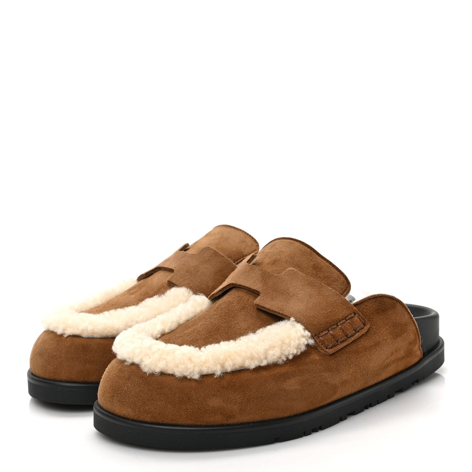 Hermes Suede Goatskin Shearling Go Mules 36.5 Brun Frume Ecru 3 of 8
