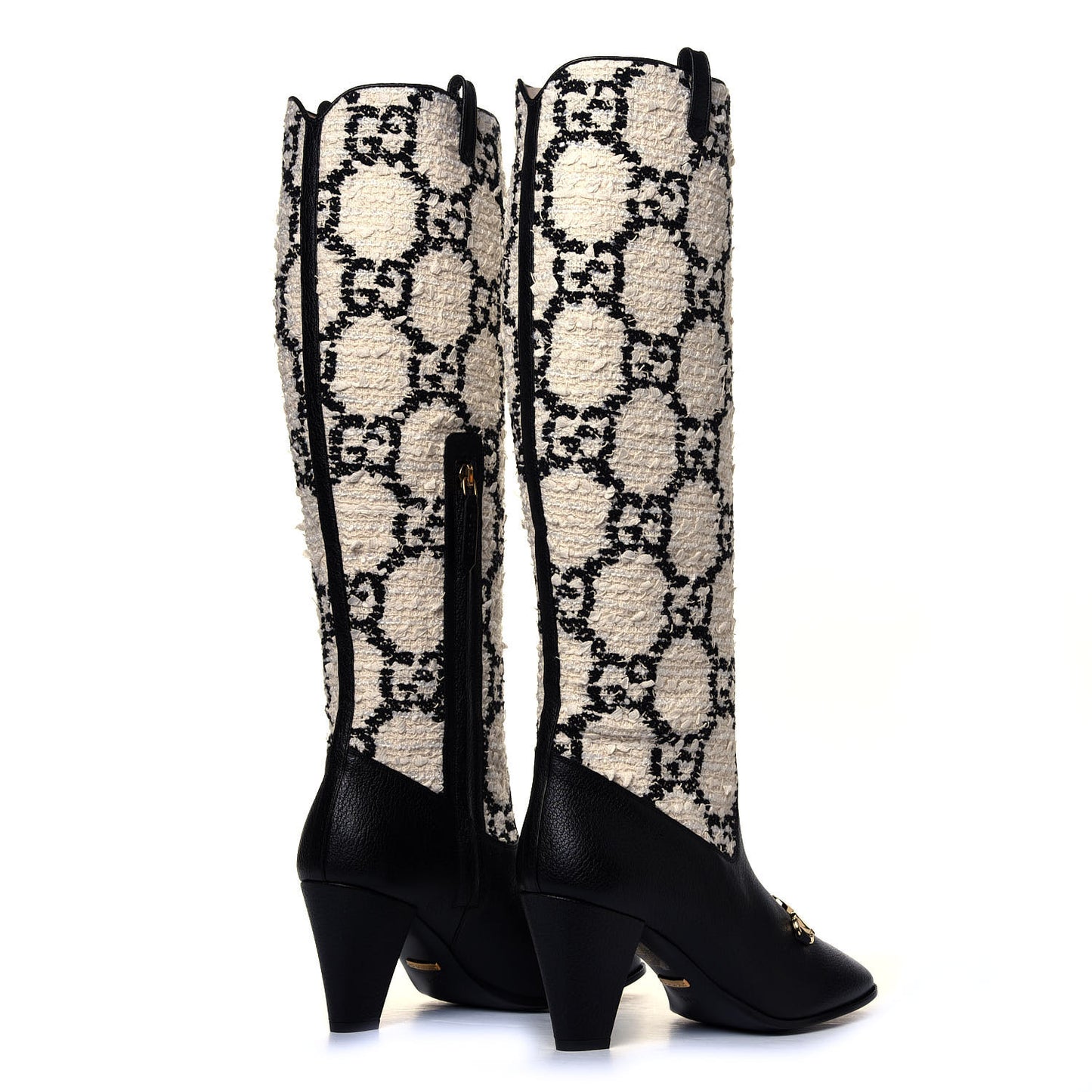 Tweed GG Monogram Wrinkled Kid Zumi Knee Boots 38.5 Natural Black