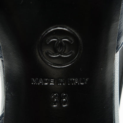 Chanel Lambskin Satin Cap Toe CC Slingback Heels 38 Navy Black 6 of 7