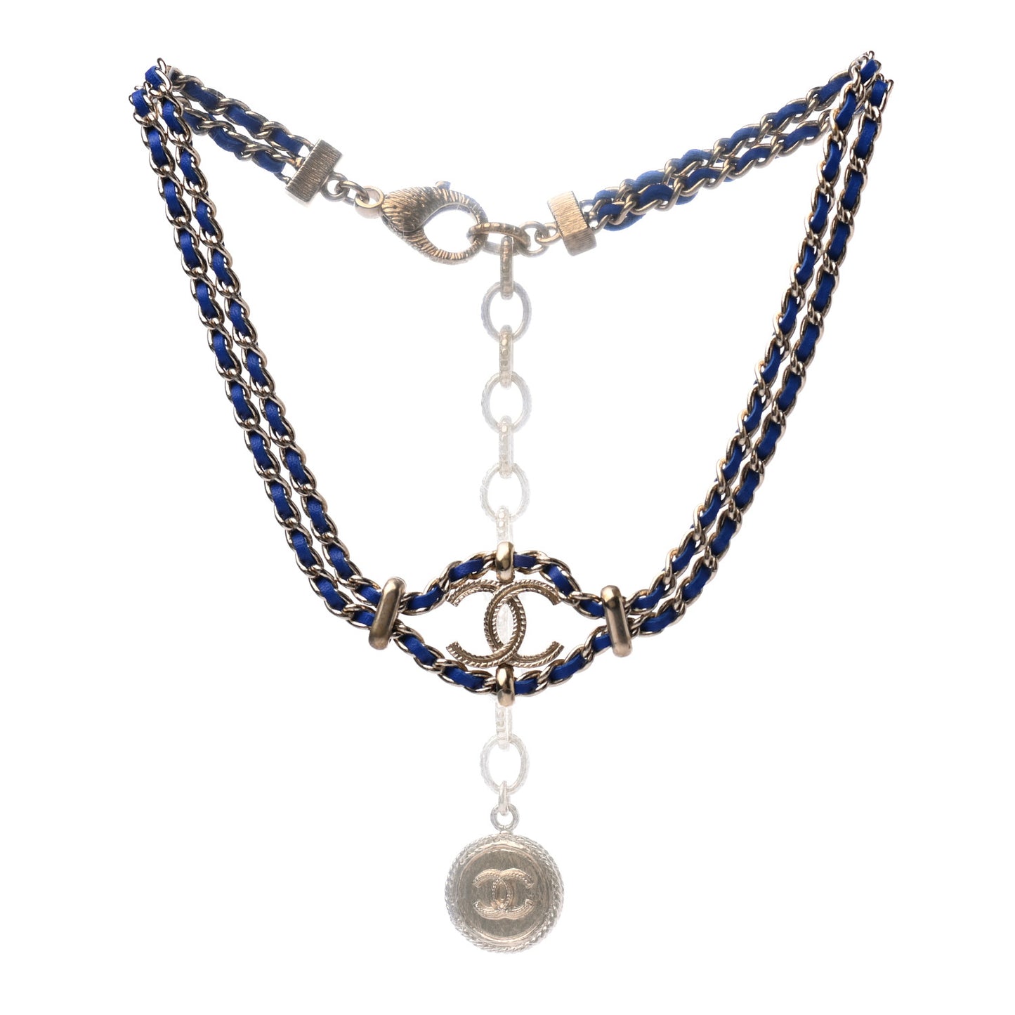 Metal Lambskin CC Chain Link Necklace Blue Gold