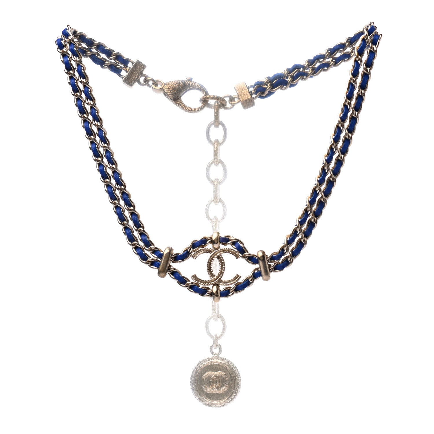 Chanel Metal Lambskin CC Chain Link Necklace Blue Gold 3 of 5