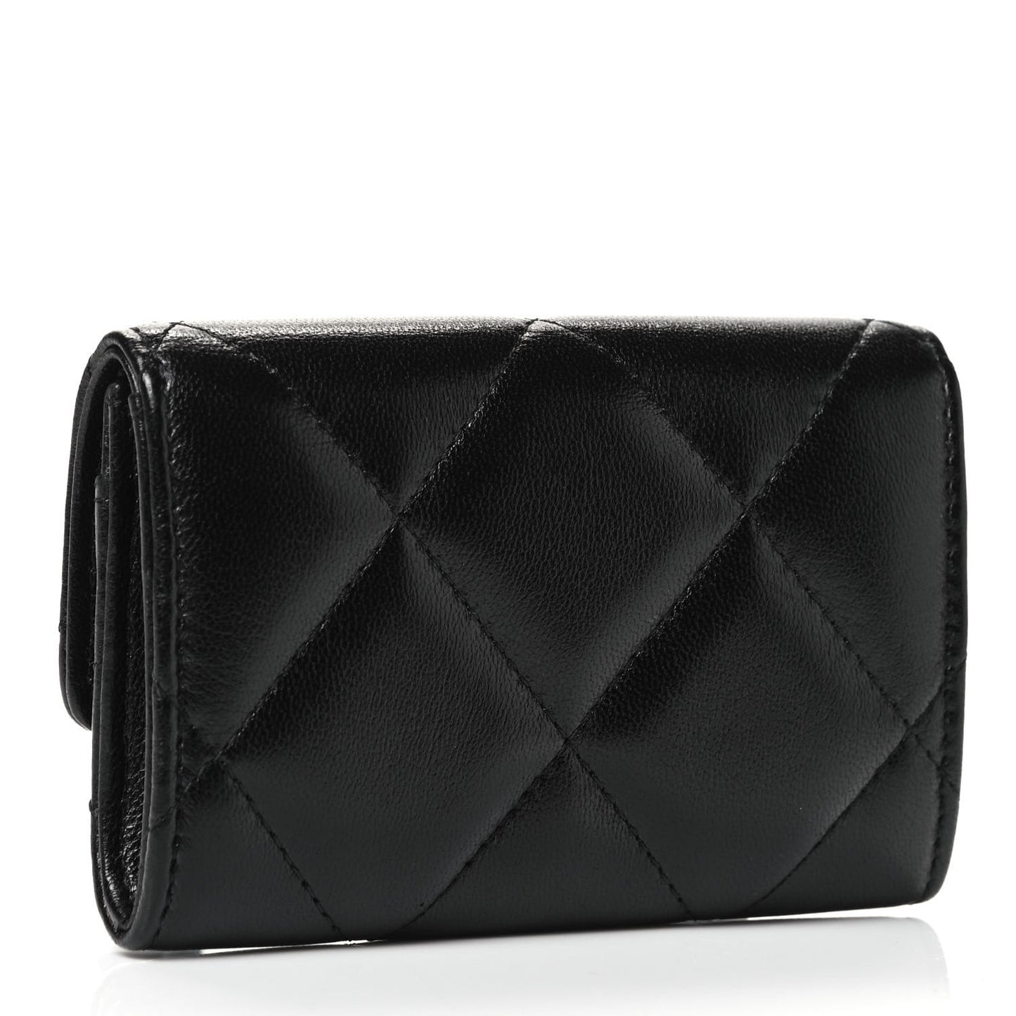 Shiny Goatskin Quilted Chanel 19 Flap Card Holder Black