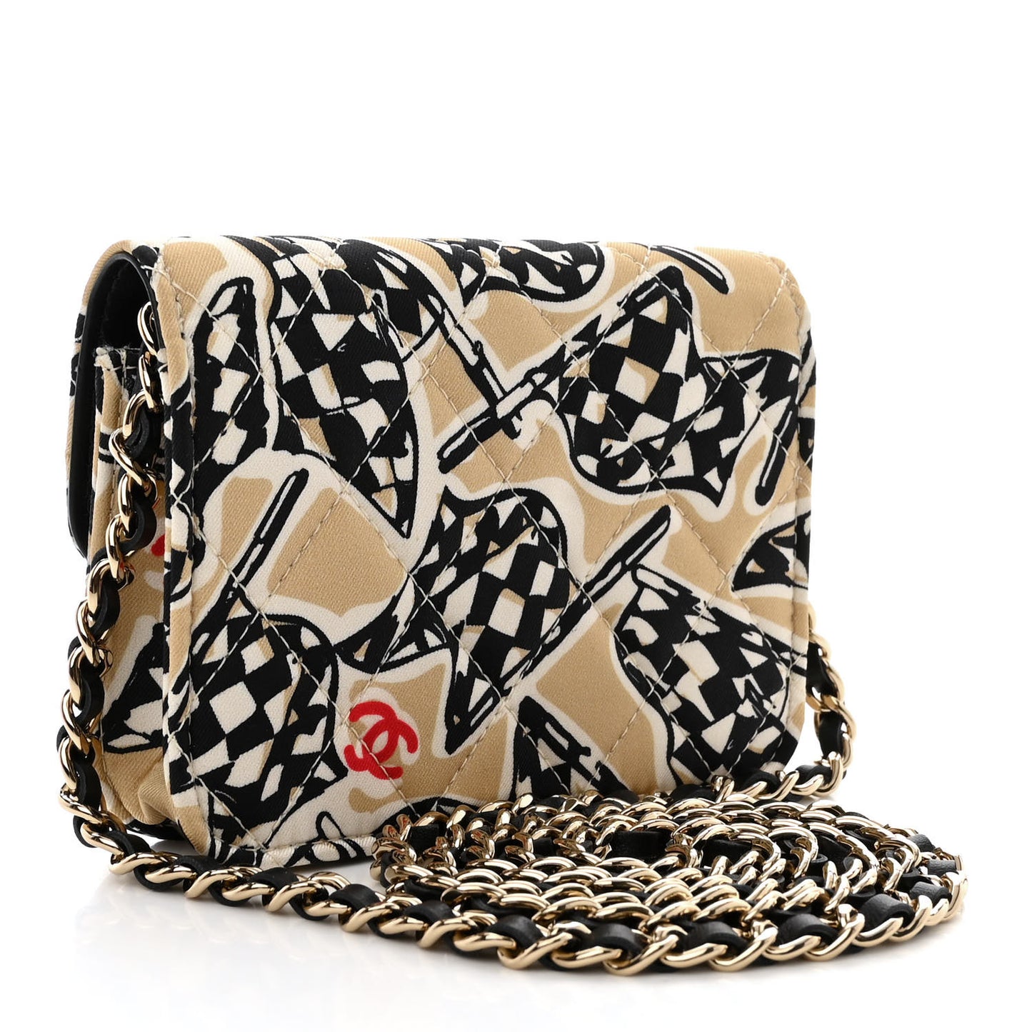 Canvas Check Flag Printed CC Clutch With Chain Beige Multicolor