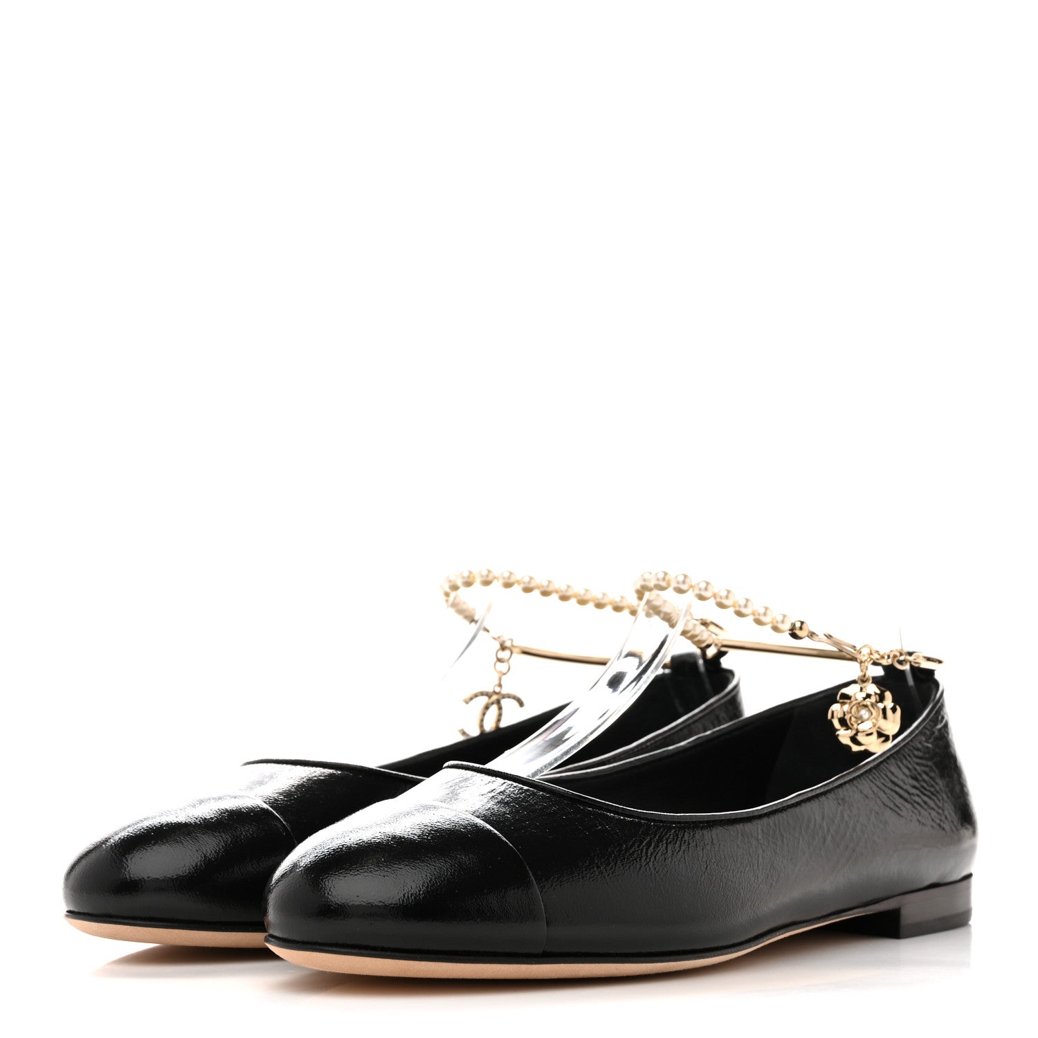 Chanel Shiny Lambskin Pearl Cap Toe Ankle Chain Ballerina Flats 39 Black 4 of 10