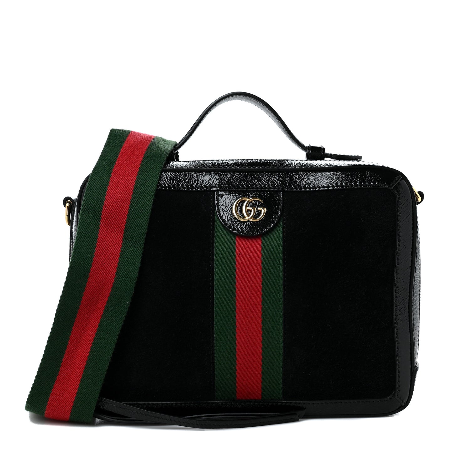 Suede Patent Web Small Ophidia Top Handle Shoulder Bag Black