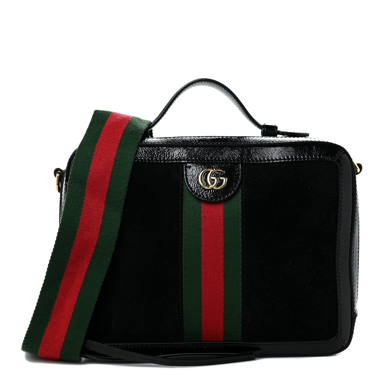 Gucci Suede Patent Web Small Ophidia Top Handle Shoulder Bag Black 1 of 11