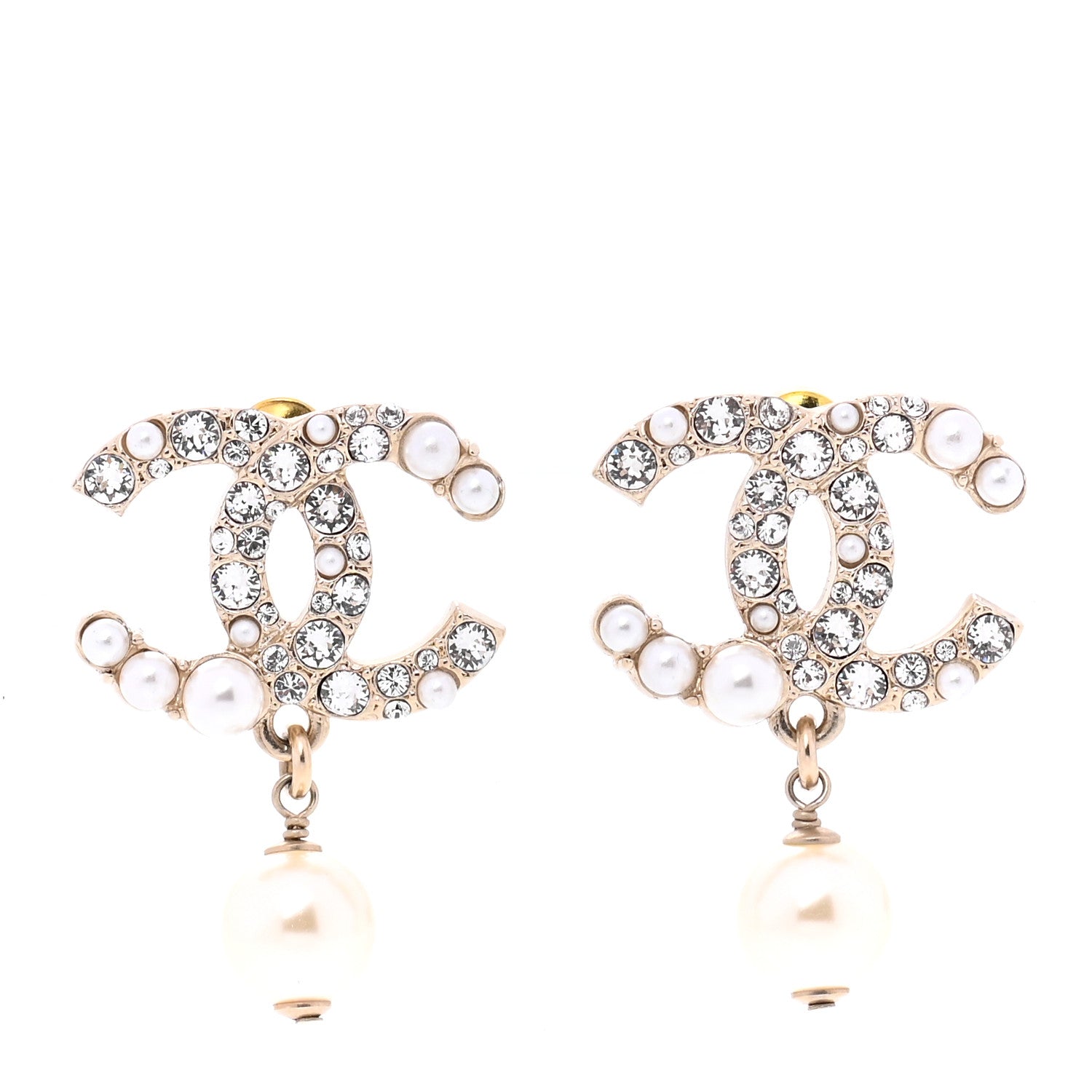 Chanel Crystal Pearl CC Drop Earrings Gold 1 of 4
