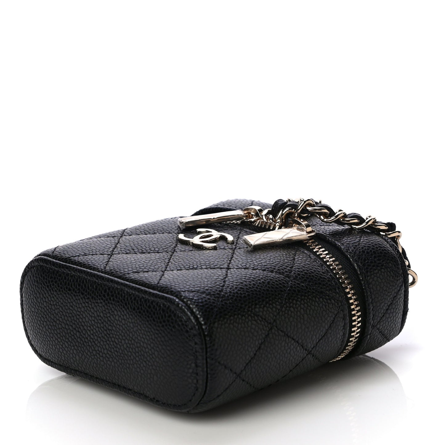 Caviar Quilted Small Handle With Care Vanity Case With Chain Black
