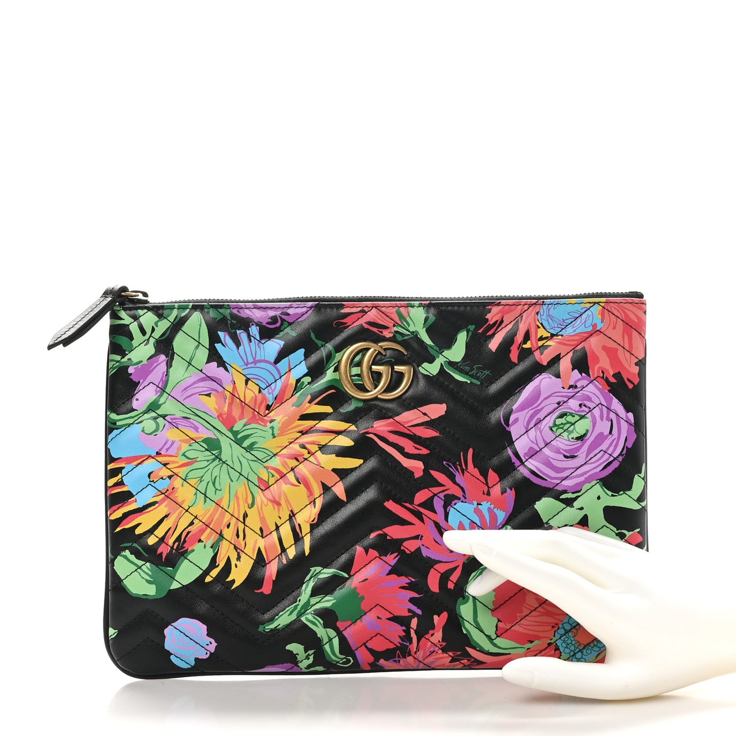 X KEN SCOTT Calfskin Matelasse Floral Print GG Marmont Zip Pouch Black