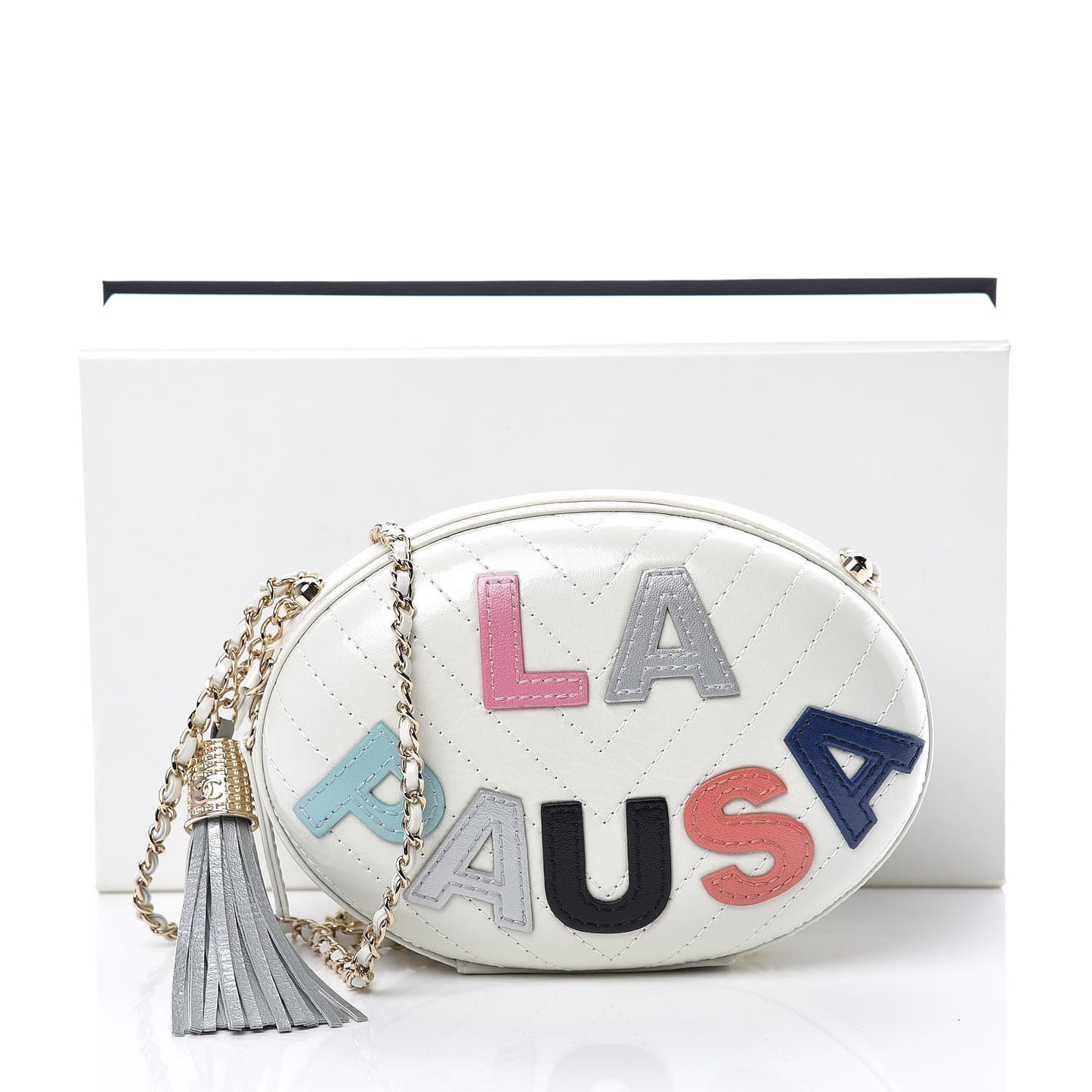 Embroidered Lambskin Chevron Quilted La Pausa Evening Bag White