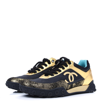 Chanel Metallic Lambskin Satin Finish Womens CC Sneakers 36 Black Gold 3 of 9