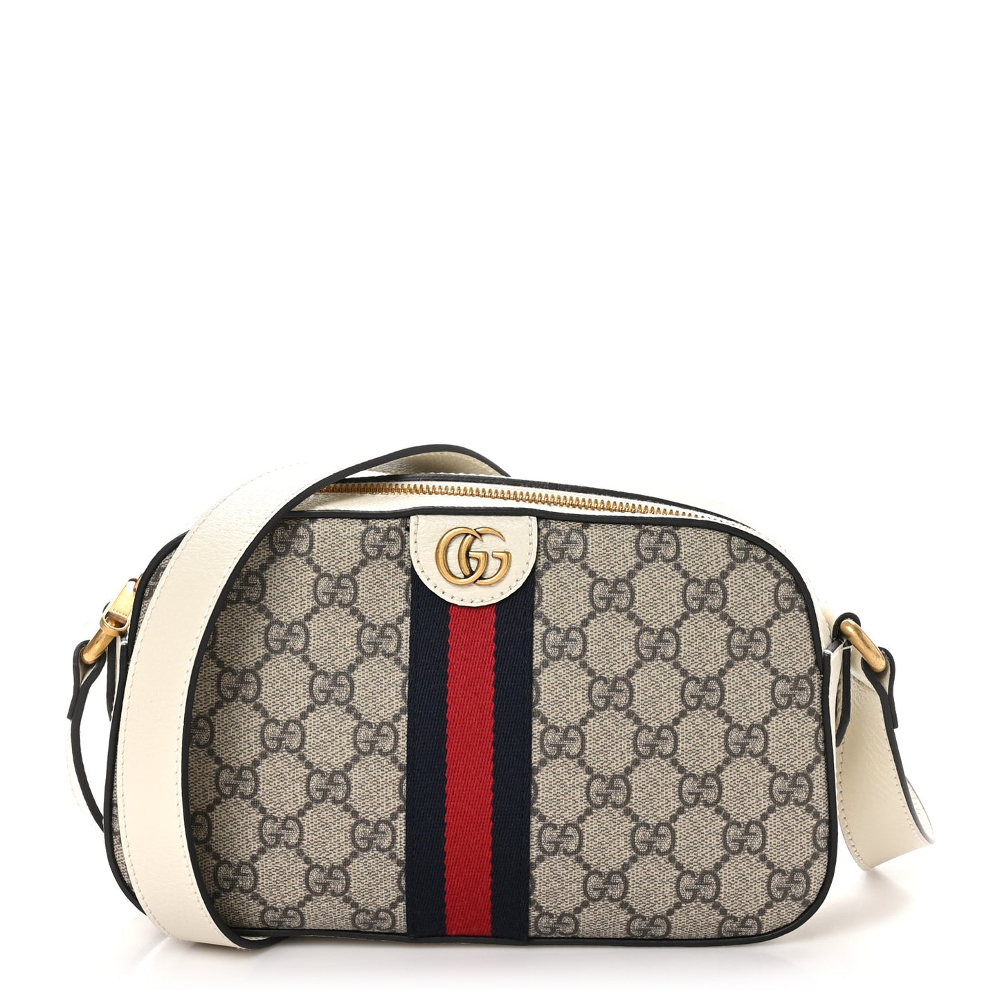 GG Supreme Monogram Textured Calfskin Web Small Ophidia Camera Bag Beige Ebony Mystic White